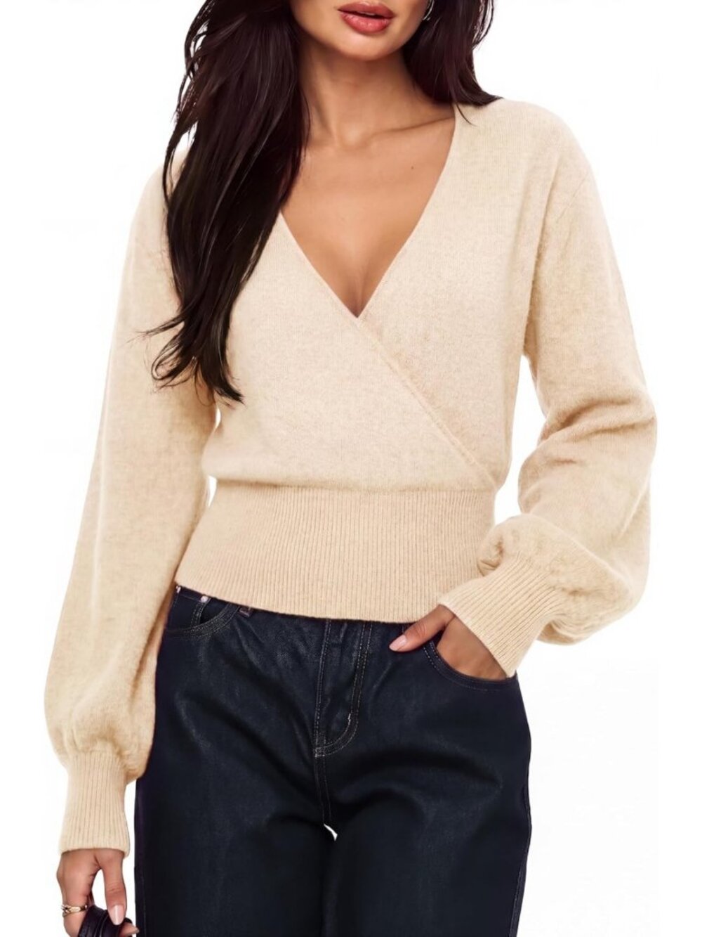 Cozy Cashmere Blend V-Neck Wrap Sweater | Long Sleeve Knit Top for Women